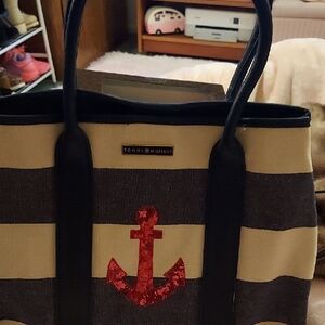 Tommy Hilfiger Navy and Cream Satchel with Red Anchor